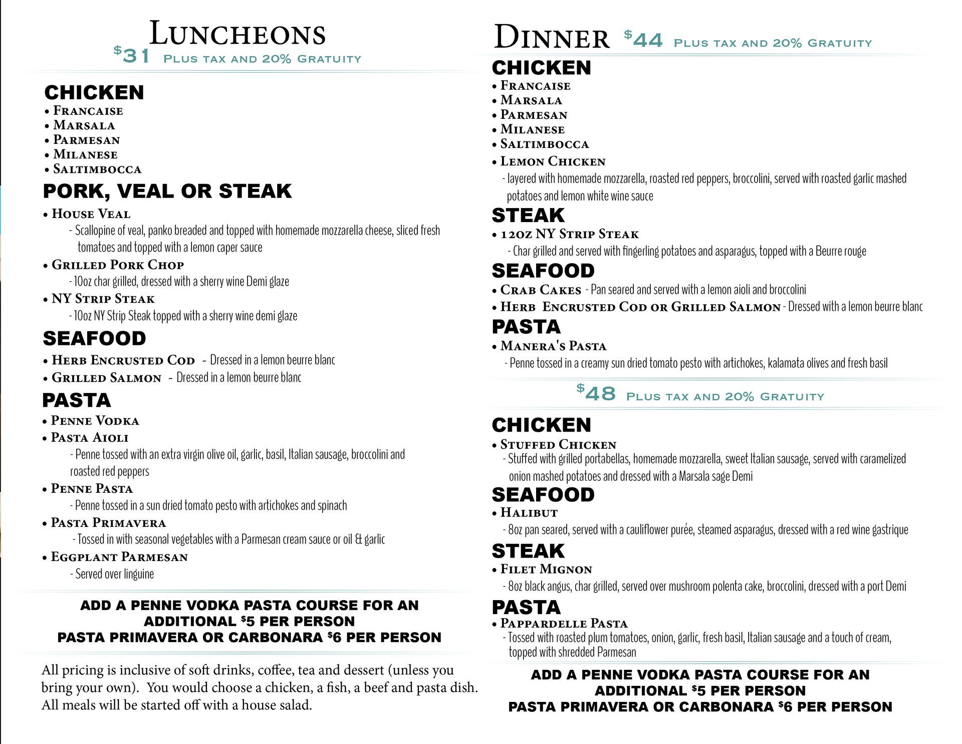 A menu for a restaurant with chicken and seafood on it