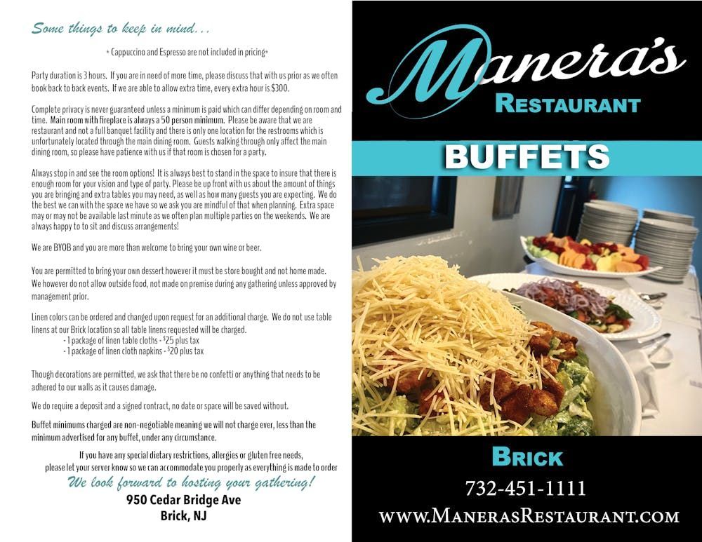 A brochure for a restaurant called manera 's restaurant buffets