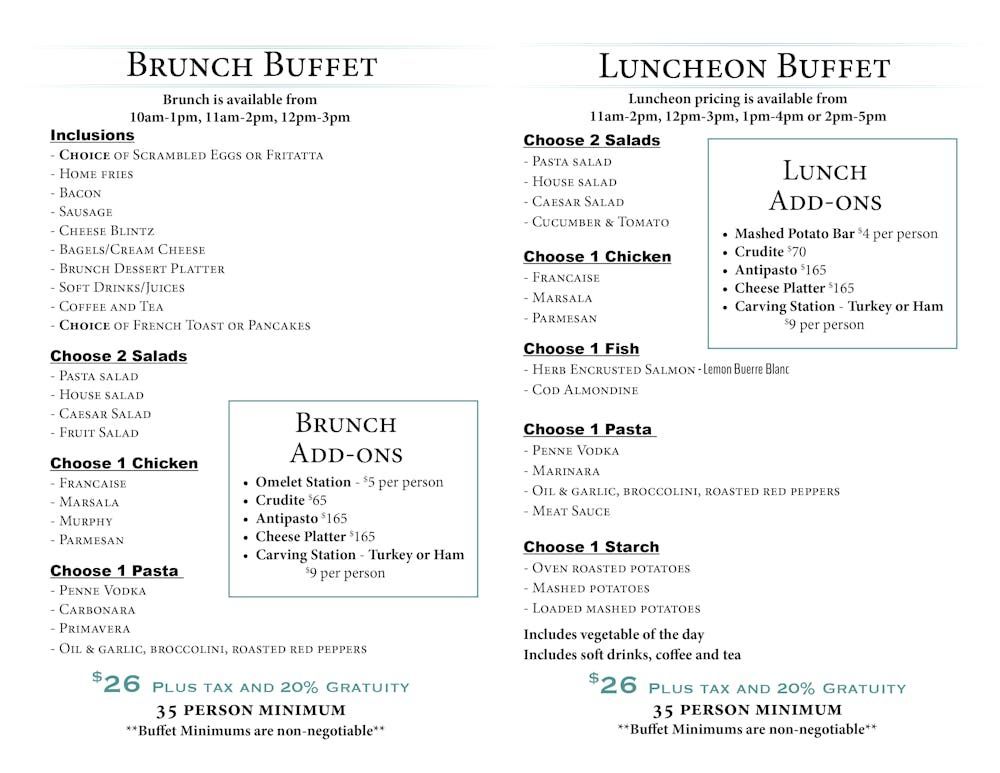 A menu for a brunch buffet and luncheon buffet