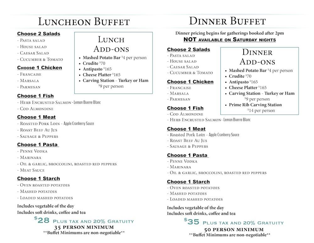 A menu for a lunch and dinner buffet