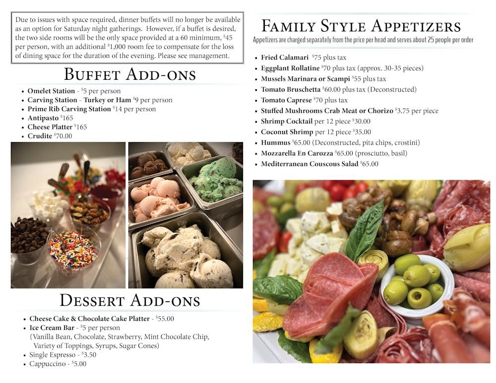 A menu for a restaurant with buffet add ons and family style appetizers.