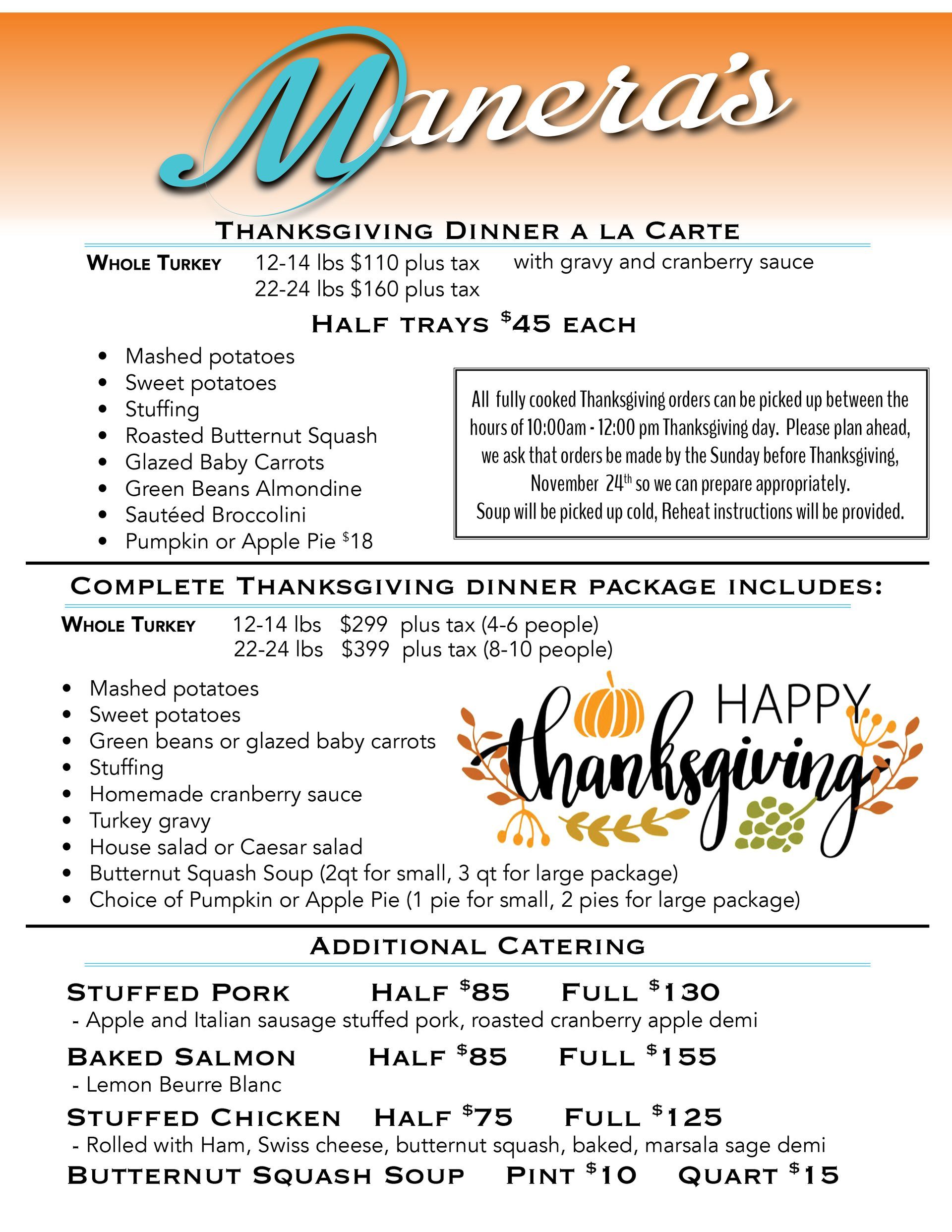 A menu for a restaurant that says `` happy thanksgiving '' on it.