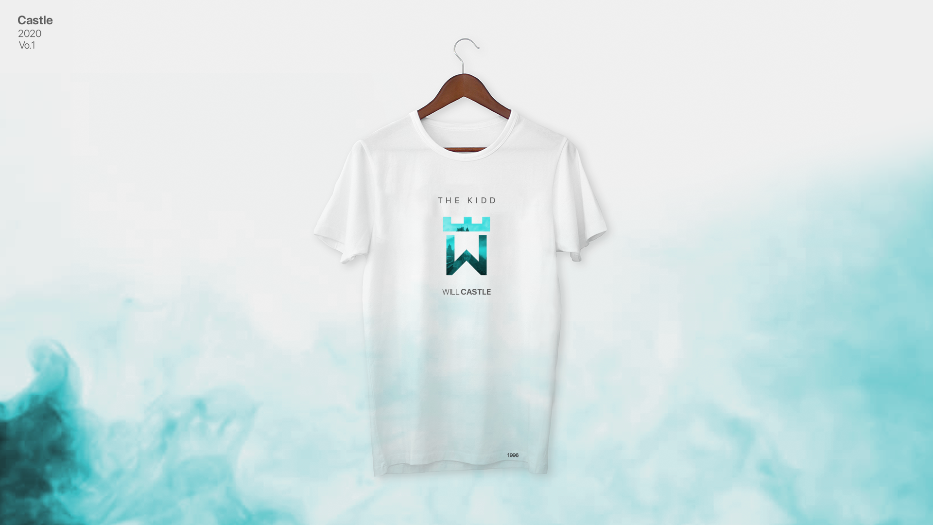 A white t-shirt is hanging on a wooden hanger.