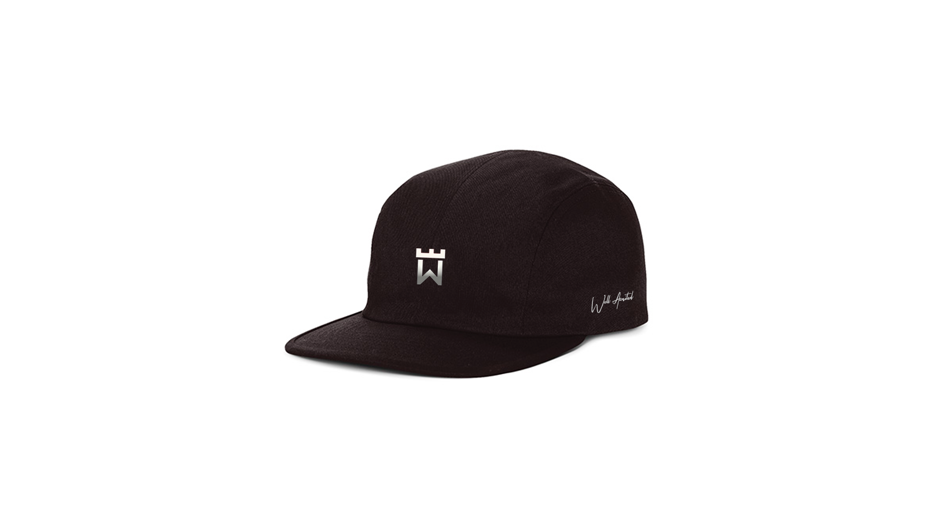 A black baseball cap with a white logo on it on a white background.
