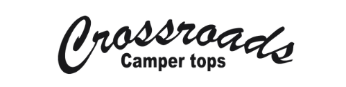 The logo for crossroads camper tops is black and white.