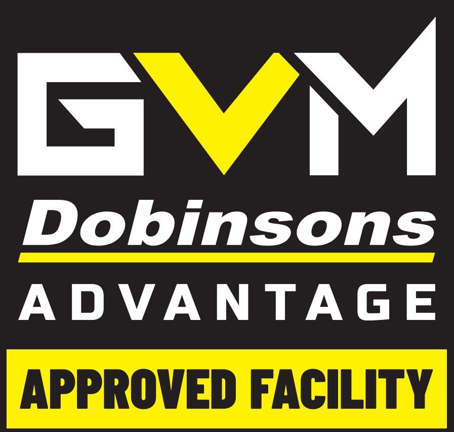A logo for a Dobinsons GVM Approved Facility, featuring black and yellow text on a black background.