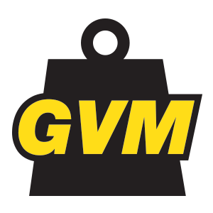 A black stylized weight icon with the yellow letters 