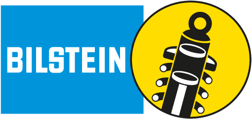 The Bilstein logo features the brand name in white text on a blue rectangle beside a yellow circle with a black strut.