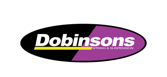 Logo for Dobinsons Spring & Suspension, featuring white text on an oval background split diagonally between black and purple.