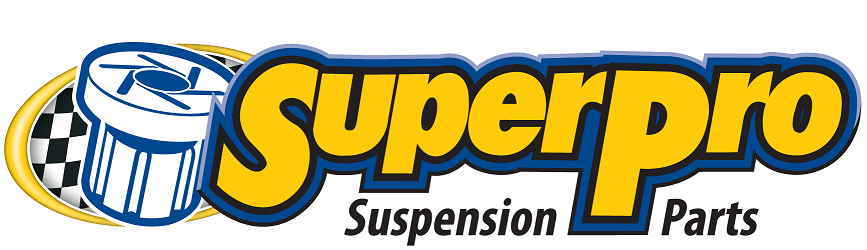 Logo for SuperPro Suspension Parts with a yellow and blue wordmark and a checkered graphic icon.