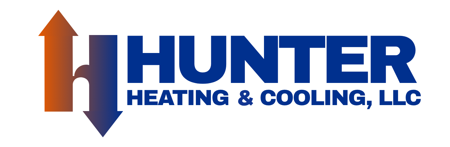 Logo for Hunter Heating & Cooling, LLC featuring a stylized "H" formed by an orange upward arrow and a blue downward arrow.