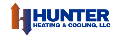 Logo for Hunter Heating & Cooling, LLC featuring a stylized "H" formed by an orange upward arrow and a blue downward arrow.