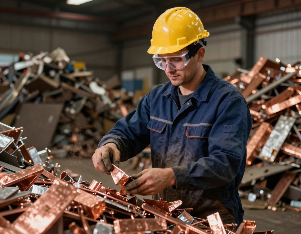 Trabajador clasificando metales no ferrosos en planta industrial