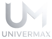 Logotipo gris de UM sobre la palabra “UNIVERMAX” sobre un fondo blanco.