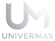 Logotipo gris de UM sobre la palabra “UNIVERMAX” sobre un fondo blanco.