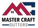 A logo for master craft gutters with a red and blue roof