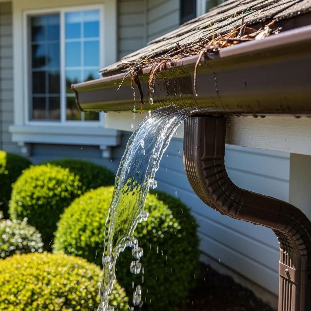 Gutter overflowing with water, debris visible, attached to a house with shrubs.
