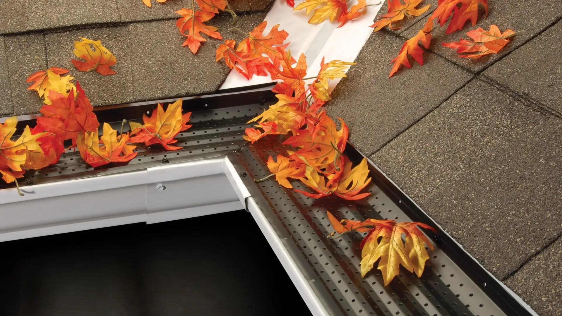 Brown roof and gutter filled with orange and yellow leaves, likely autumn.