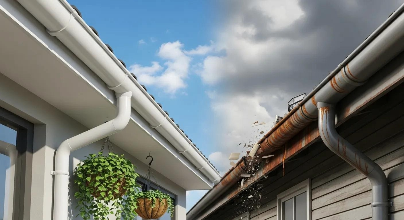 Comparison: Clean white gutter on the left versus clogged, dirty gutter on the right, under a blue sky.