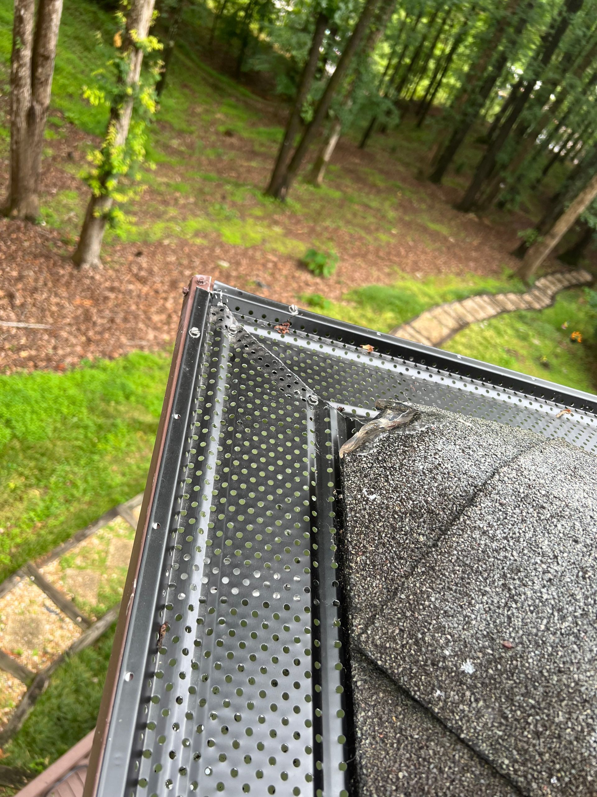 A close up of a gutter on a roof with trees in the background.