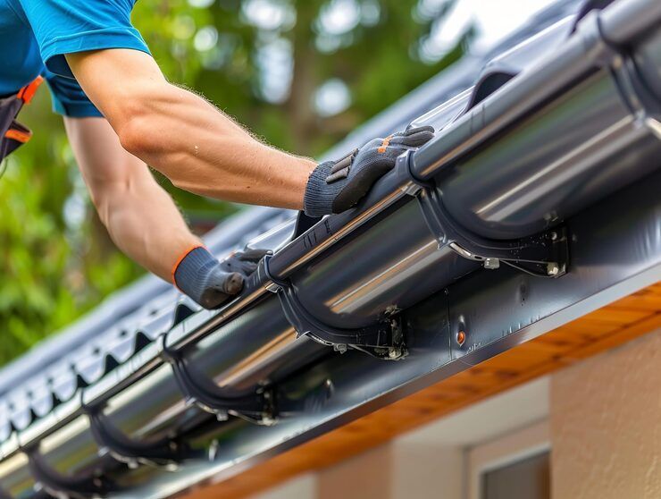 Person installing a black gutter on a roof, wearing gloves.