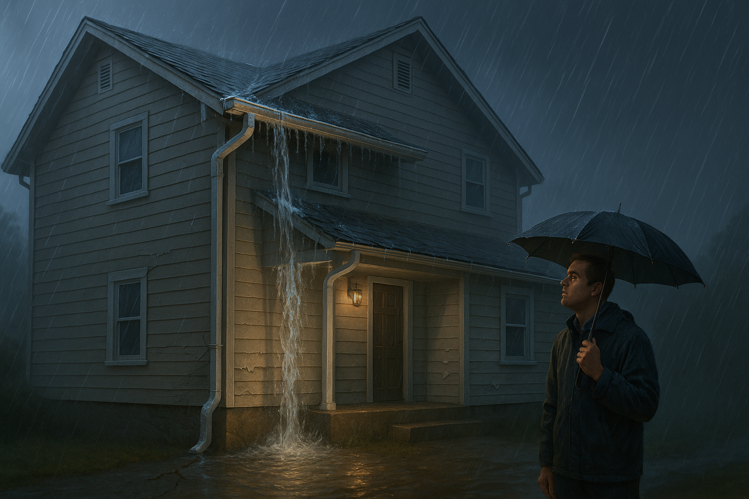 A man is holding an umbrella in front of a house in the rain.