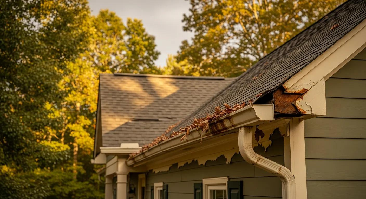 Damaged roof and white gutter on a house in autumn light, with trees in the background