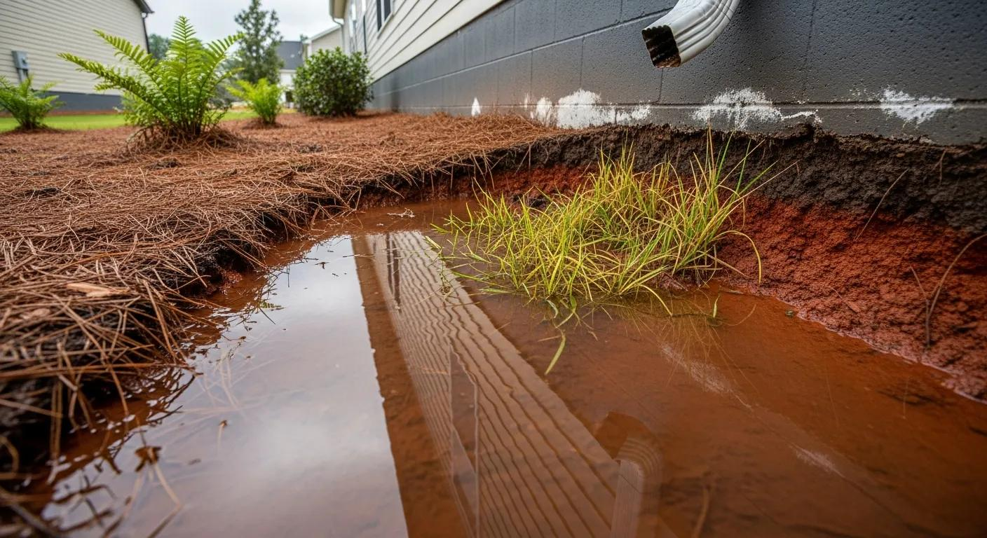 Flooded muddy ditch beside a building, with brown water and pine straw along the edges