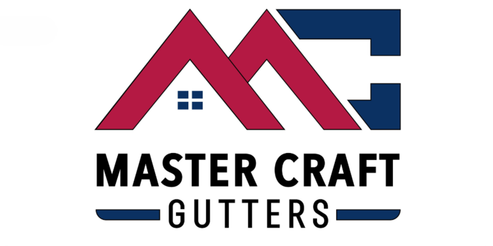 A logo for master craft gutters with a red and blue roof