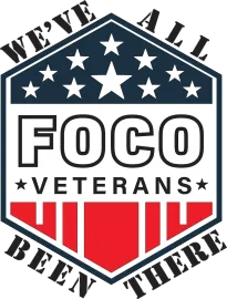 The logo for foco veterans shows a soldier saluting in front of an american flag.