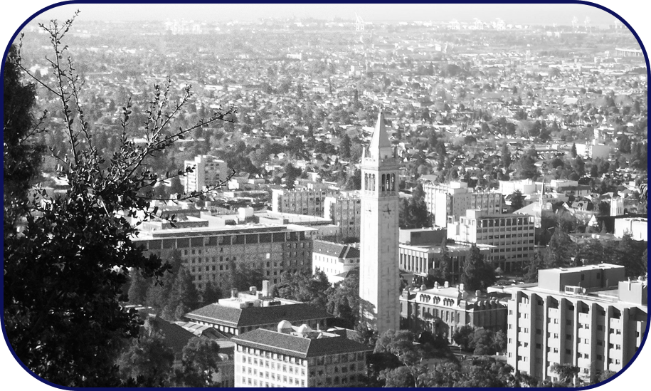 Berkley CA view with campus buildings and trees