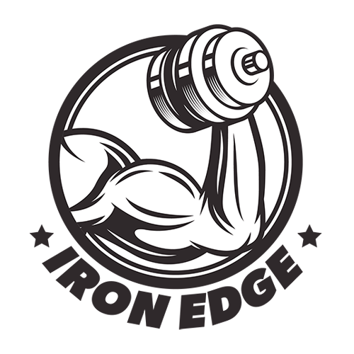 A black and white logo for a gym with a muscular arm holding a dumbbell.