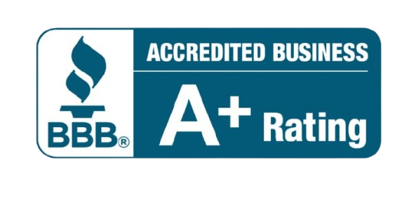 BBB Accredited Business A+ Rating logo in blue and white