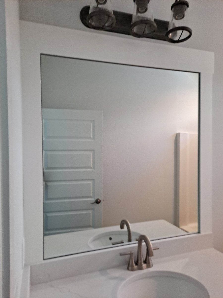 bathroom mirror with a white paneled door