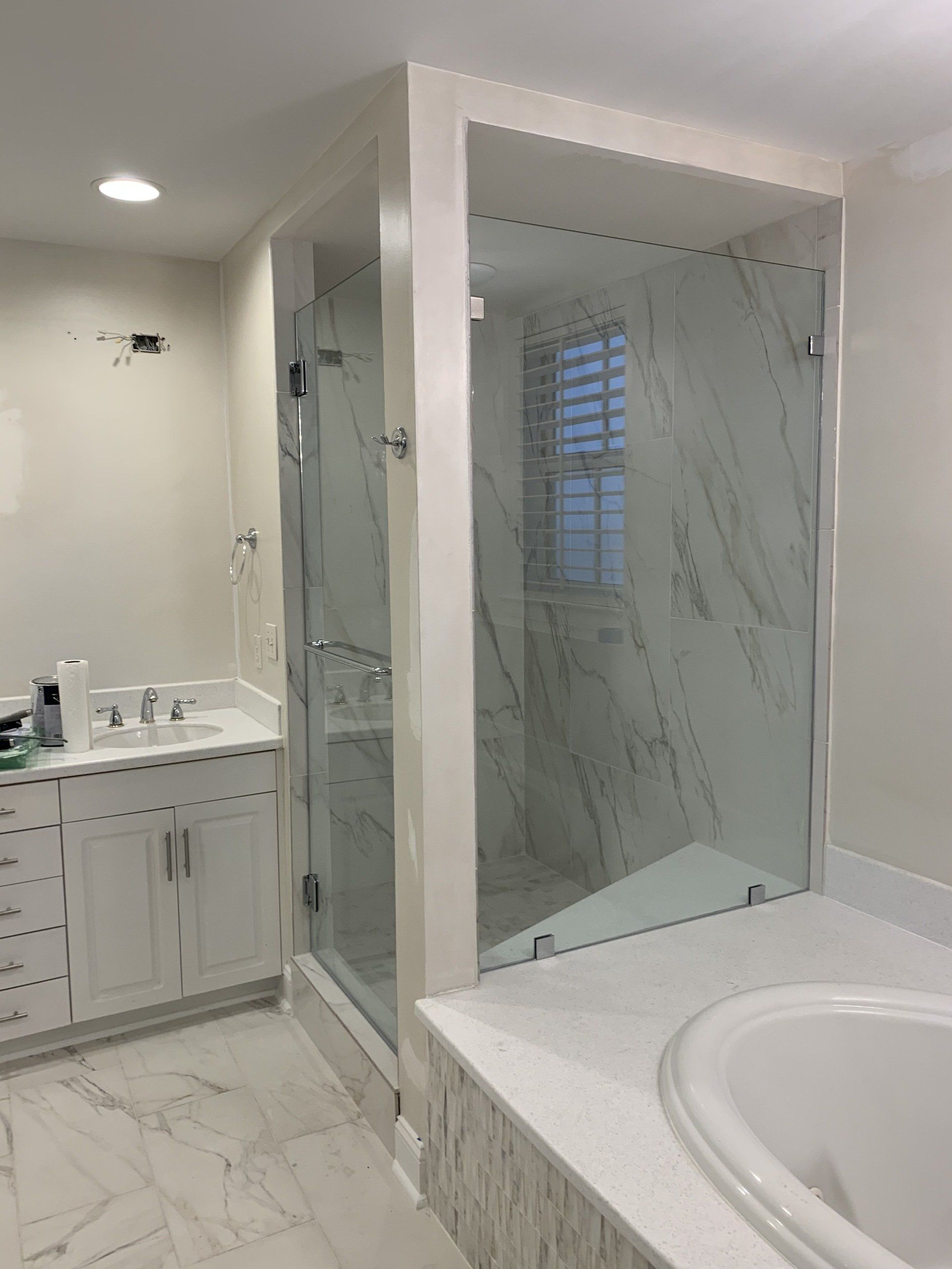 modern bathroom white marble surround shower