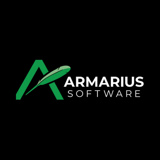 Un logotipo para el software armarius con una pluma verde sobre fondo negro.