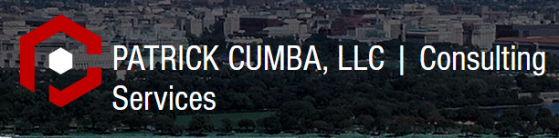 Logotipo de Patrick Cuma LLC Consulting Services sobre un fondo oscuro.