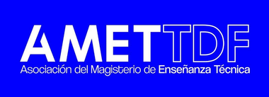 Logotipo de AMET, asociación de educación técnica de Argentina. Incluye mapa, texto y borde verde azulado.