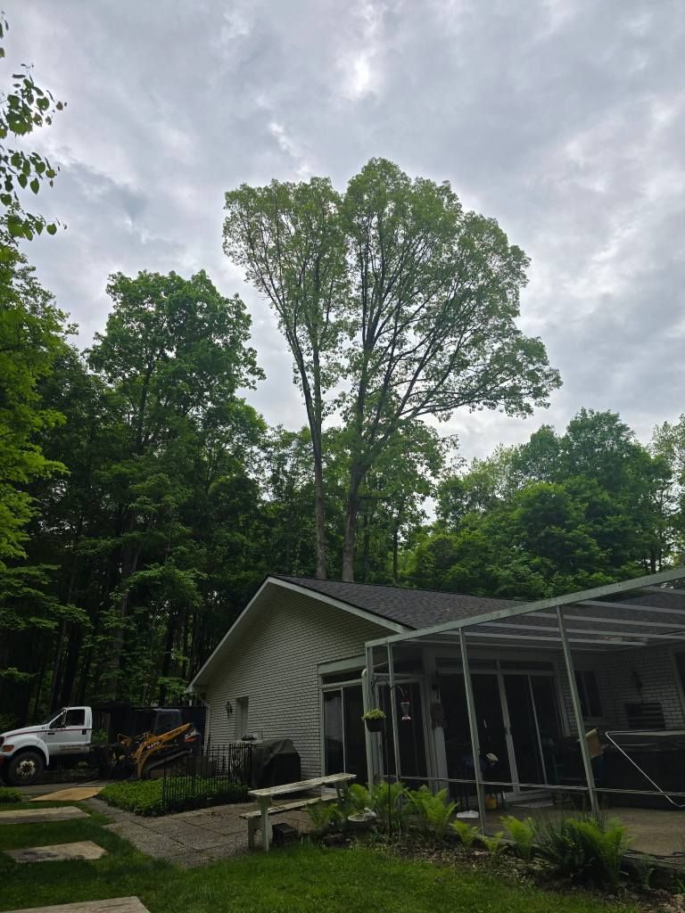A white house with a screened porch sits near a large tree under a cloudy sky, with a white truck parked nearby.