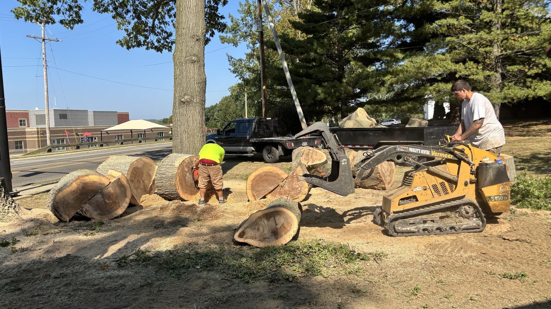 A worker in neon gear and another person operate a yellow skid steer to move large tree logs in an outdoor lot.