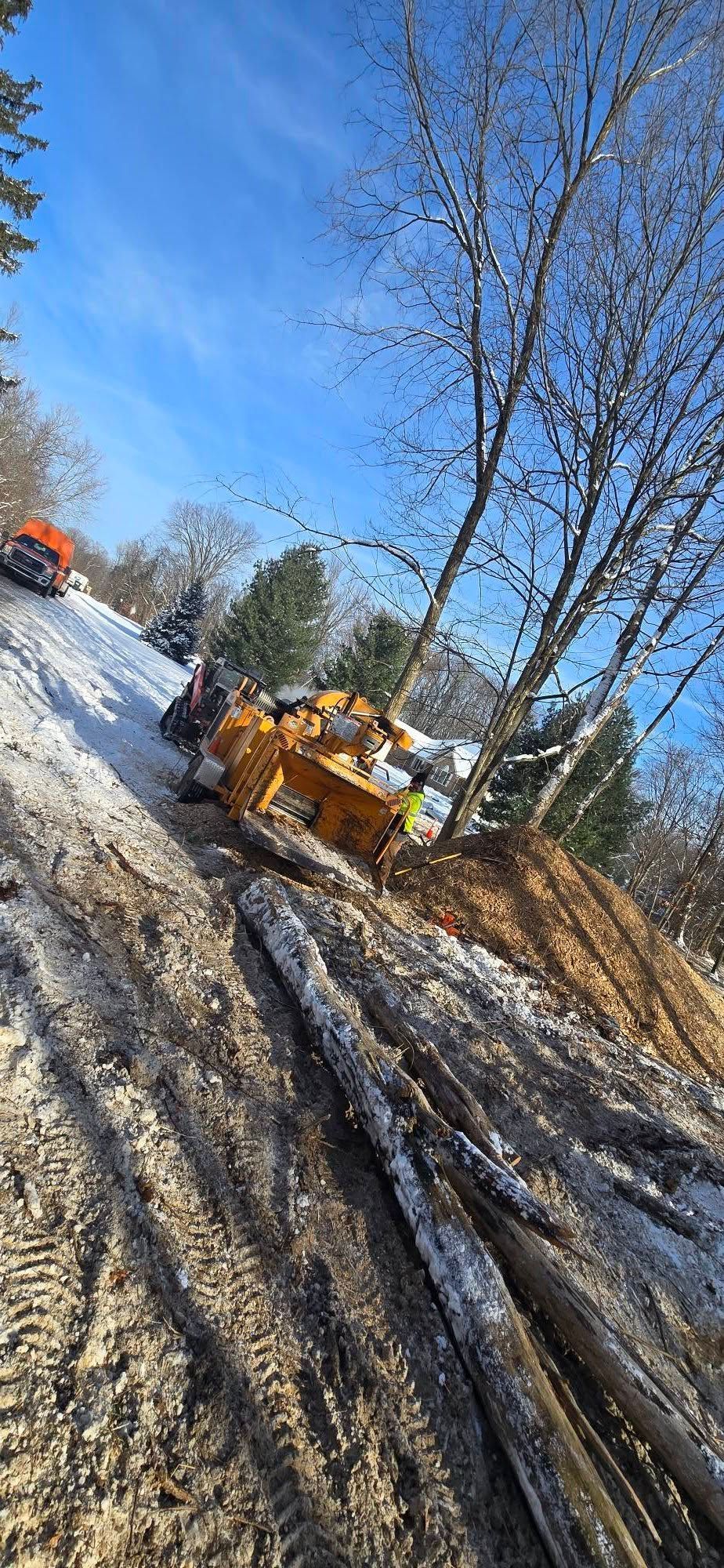 A yellow forestry machine works in a snowy, wooded area, clearing trees and earth near a dirt path under a clear blue sky.