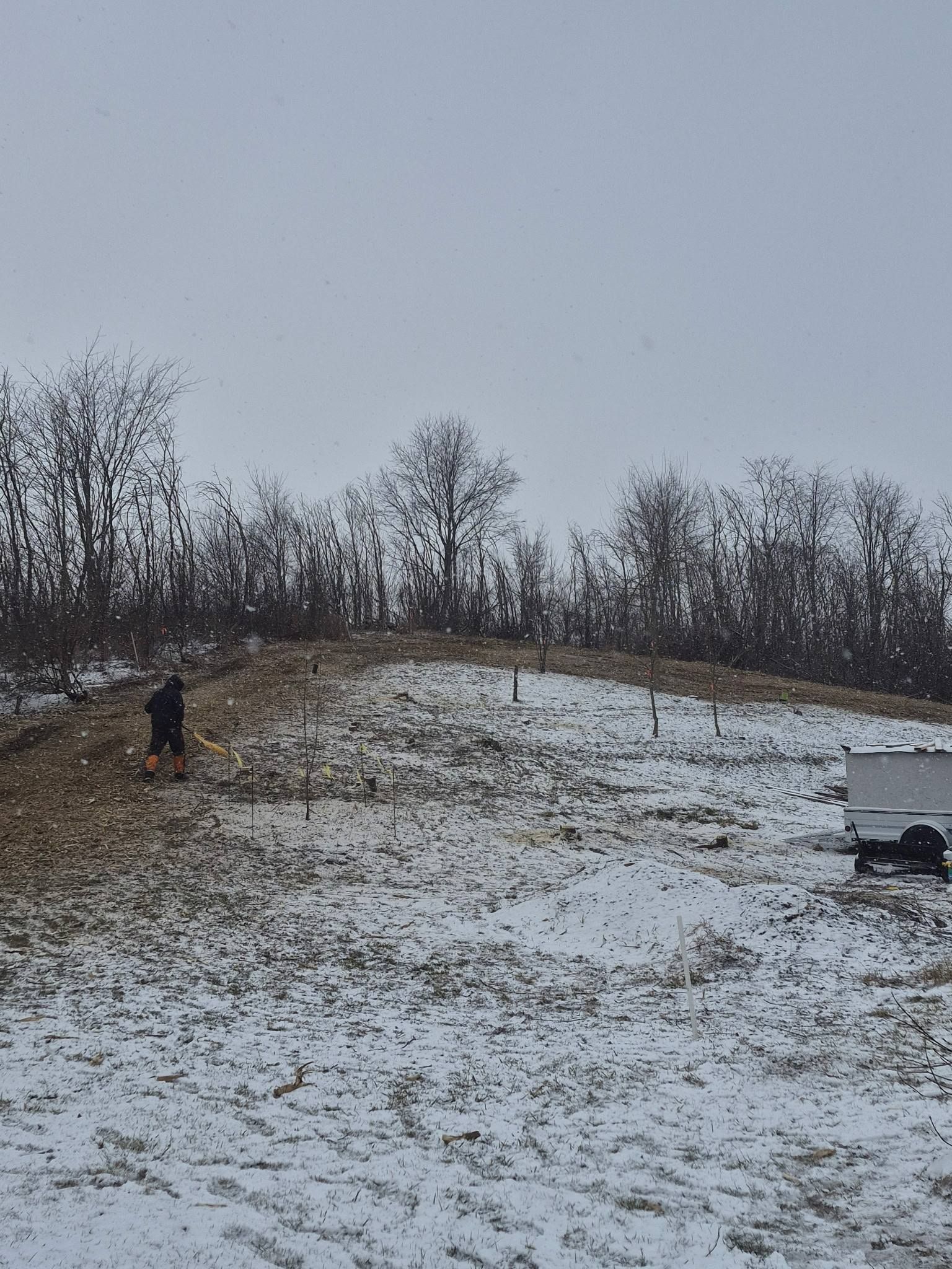 A person stands on a snowy, grassy hillside with trees in the background, near a small white trailer.