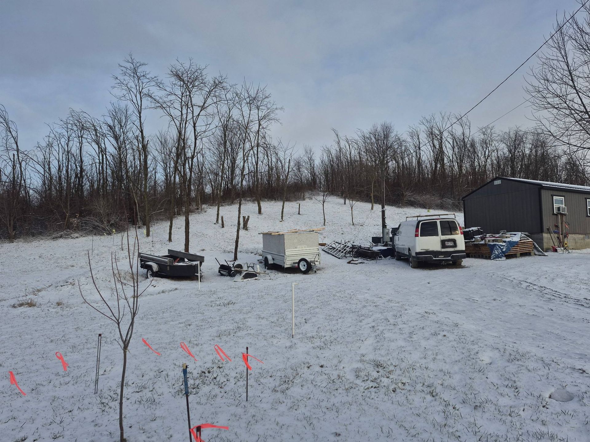 A snow-covered field with a small shed, a white van, a utility trailer, and several young trees marked with orange flags.