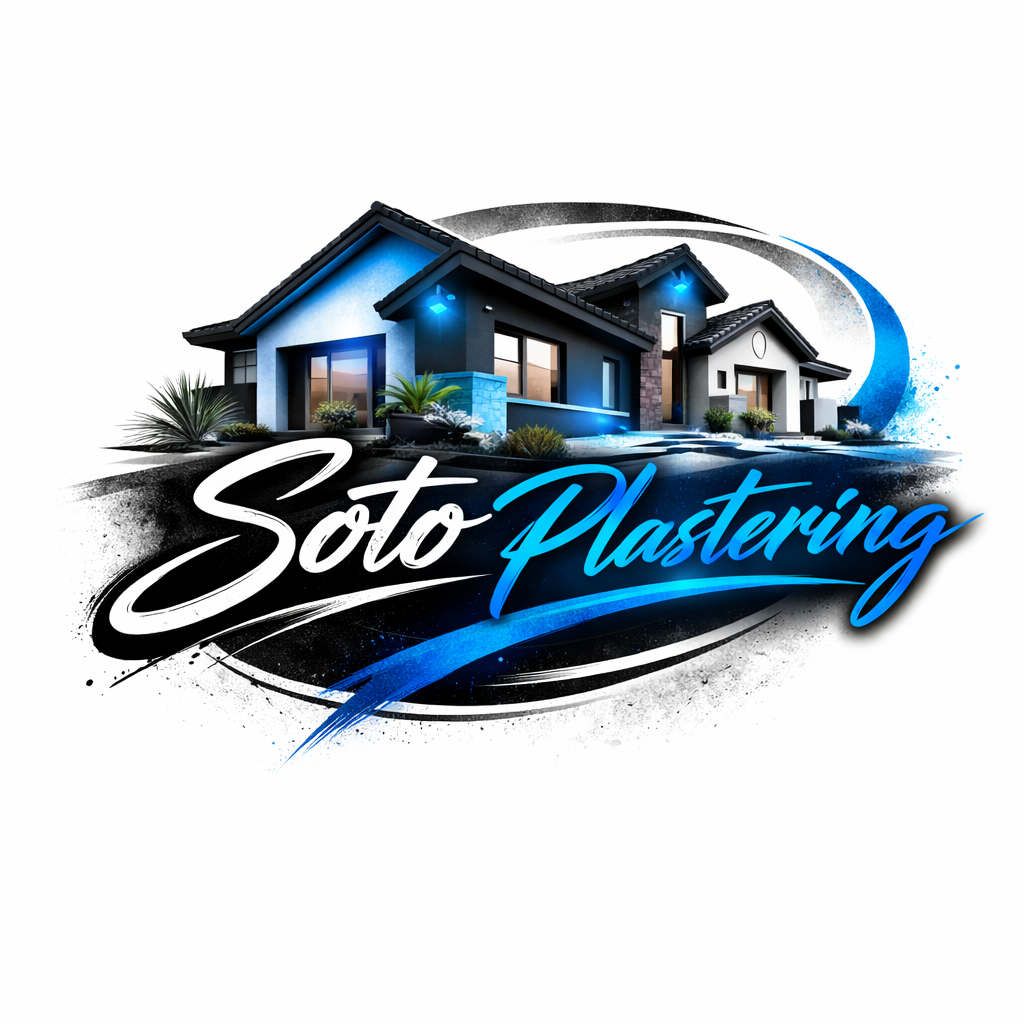 Logo for "Soto Plastering," featuring textured text, a banner, and a trowel in a white-on-black design.