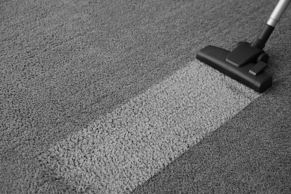 A black and white photo of a vacuum cleaner cleaning a carpet.