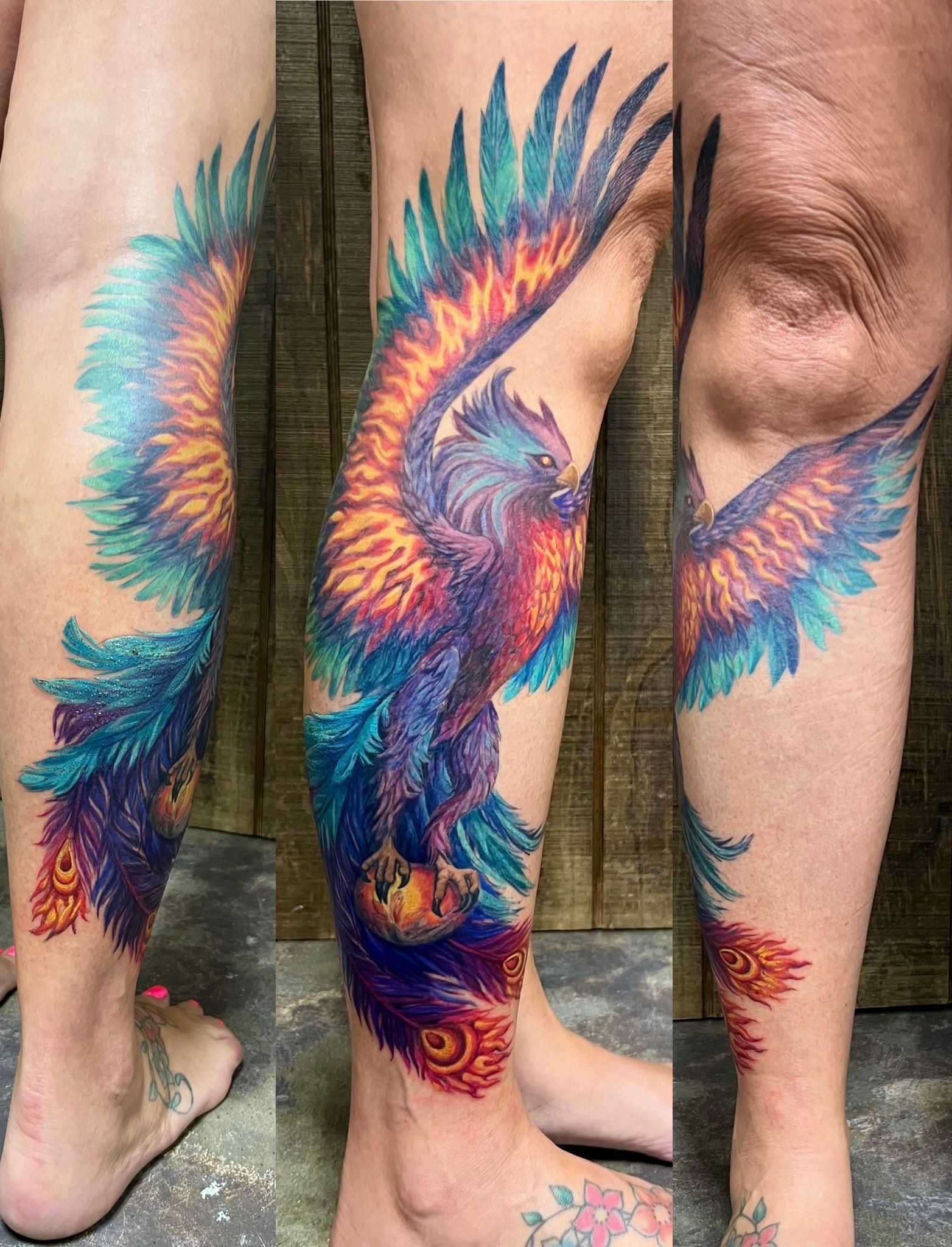 Colorful phoenix tattoo on a leg, with blue, orange, and purple hues, in three views.
