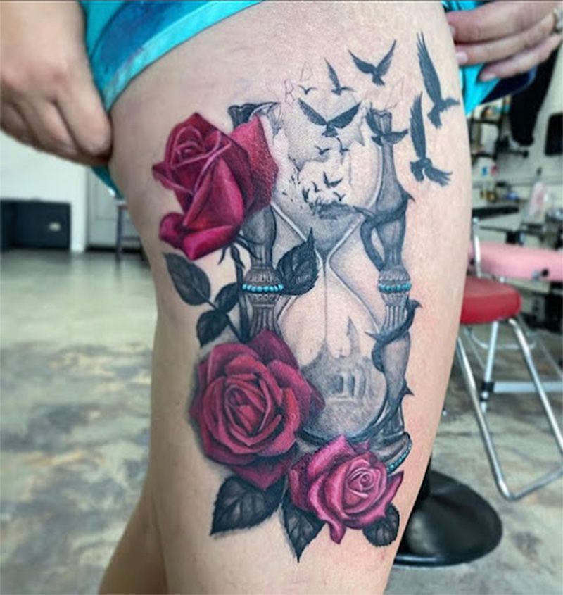 A woman has a tattoo of an hourglass and roses on her leg
