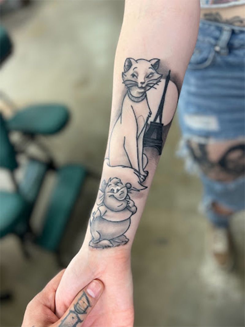 A person has a tattoo of a cat and a pig on their forearm.