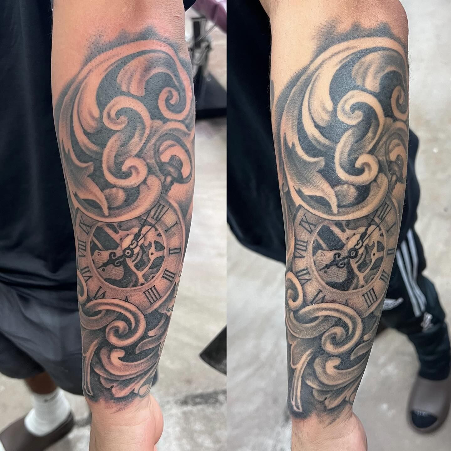 A man has a tattoo of a clock on his forearm