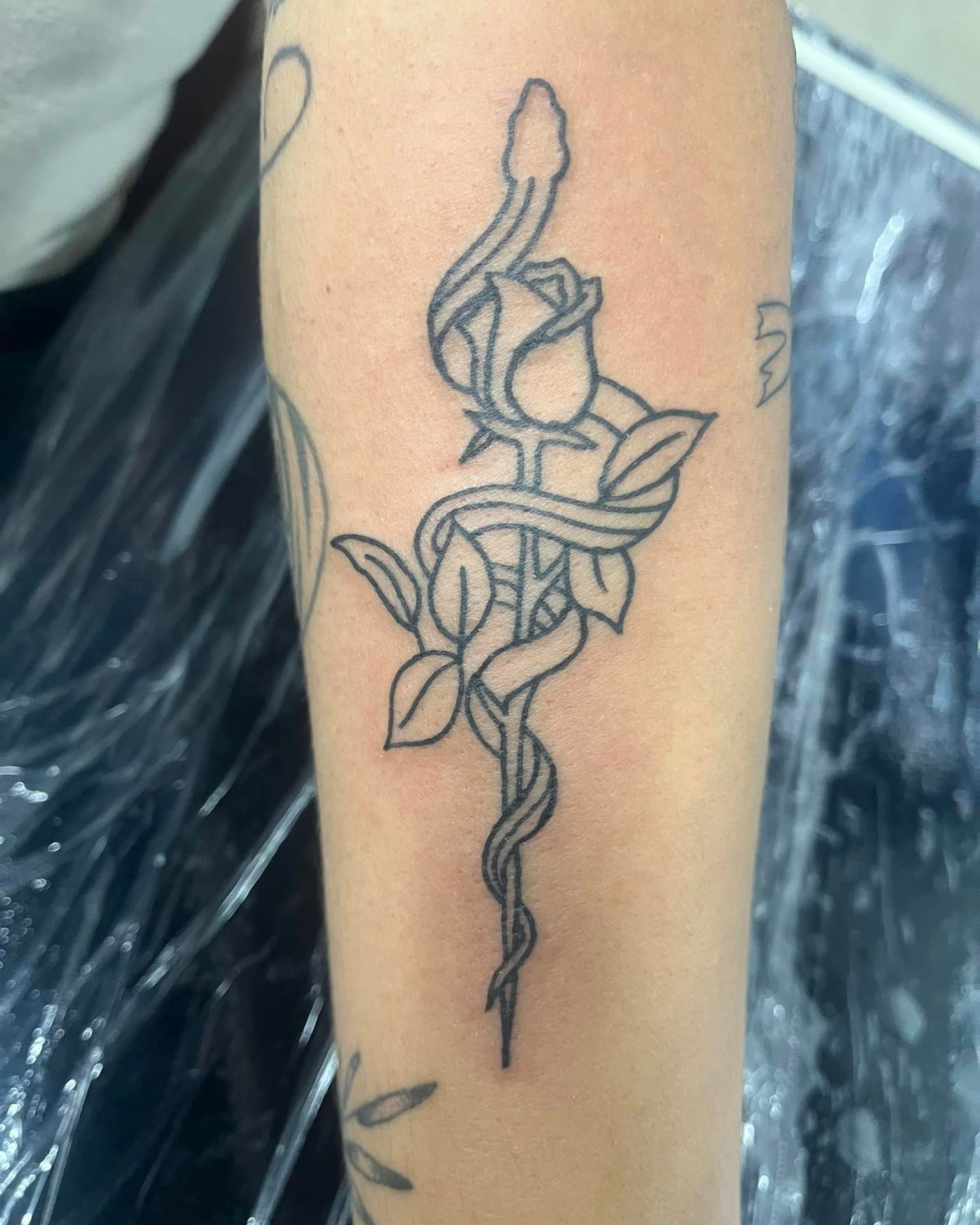 A tattoo of a snake and a rose on a person 's arm